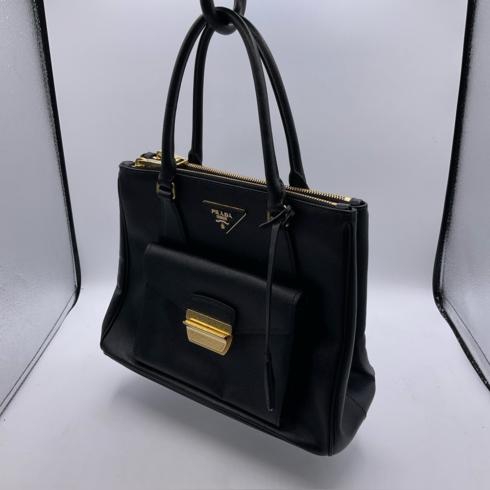 PRADA Saffiano Lux Metropolis Top-Handle Tote With Front Pocket Gold Hardware